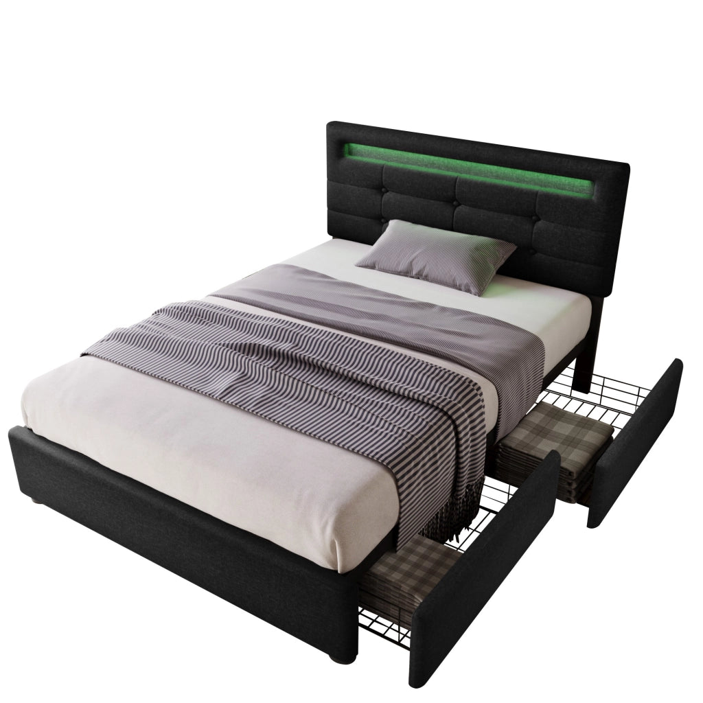 Letto con Cassetti Singolo; 2 Cassetti; LED Regolabile e Testiera Regolabile 90×200 cm; senza Materasso; Nero