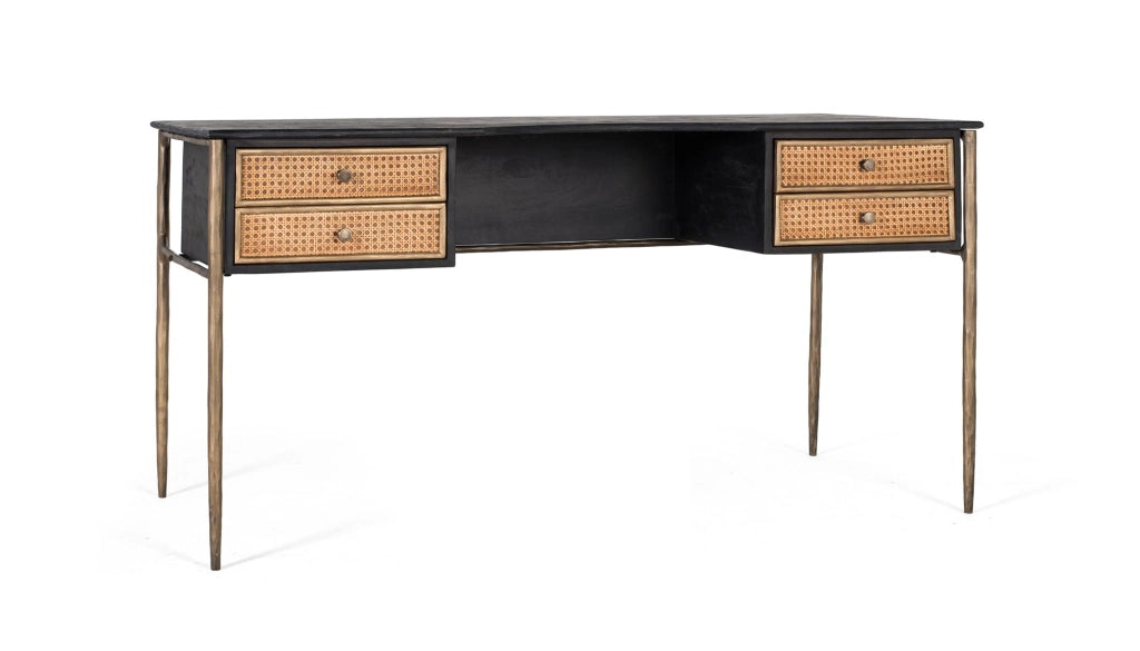 Scrivania in legno di mango con cassetti a doghe e gambe in bronzo