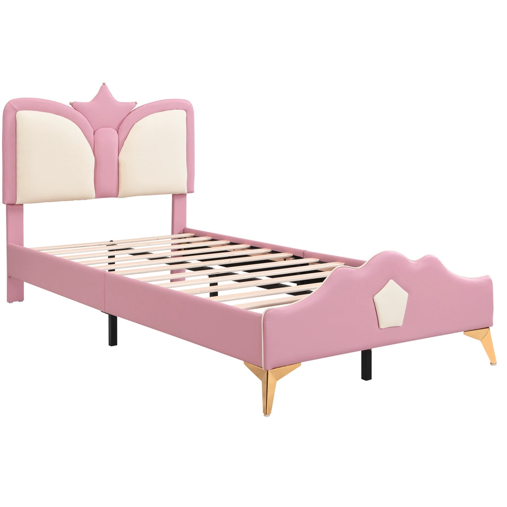 Letto per Bambini 90x200 cm; Singolo - Testiera a Corona e Bordi Imbottiti - PU - Rosa
