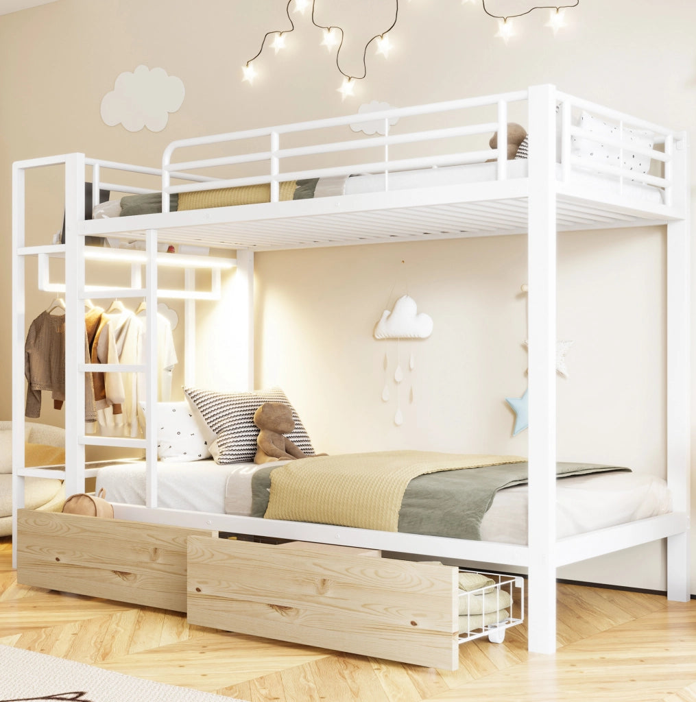 Letto a castello 90 x 200 cm bianco con LED, cassetti, ripiani e barra appendiabiti