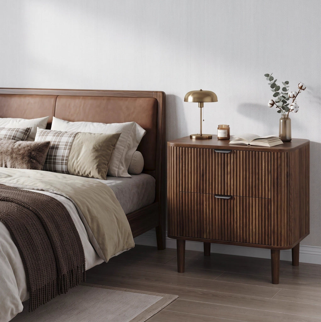Comodino in MDF effetto noce con 2 cassetti e frontali scanalati