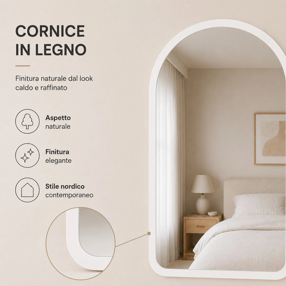 Specchio ad Arco Struttura in Legno Bianco Decorazione Design Moderno 46x60cm