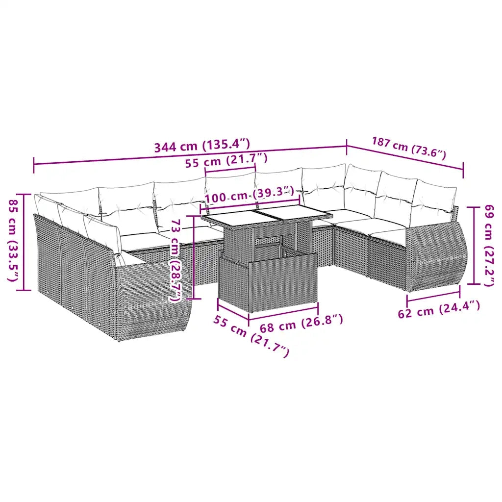 vidaXL Set Divani da Giardino 11 pz con Cuscini Polyrattan Marrone