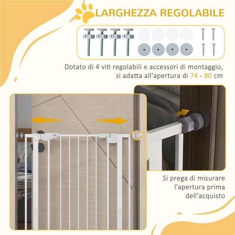 CANCELLINO PER CANI REGOLABILE ALTO CON PORTA PICCOLA E CHIUSURA AUTOMATICA 74-80X104CM BIANCO