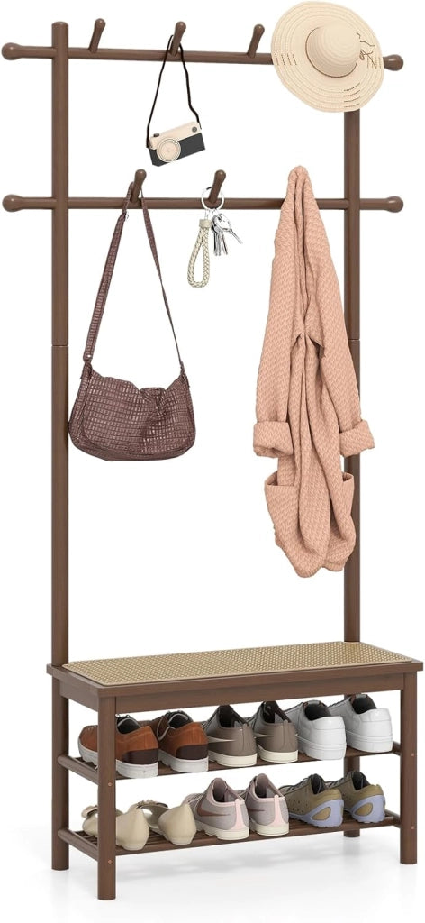 3 in 1 Appendiabiti da Terra in Bambù, Appendiabiti Salvaspazio con Scarpiera a 2 Ripiani, Panca in Rattan PE e 11 Ganci Arrotondati, Mobile Ingresso, 71 x 30 x 169,5 cm (Naturale)
