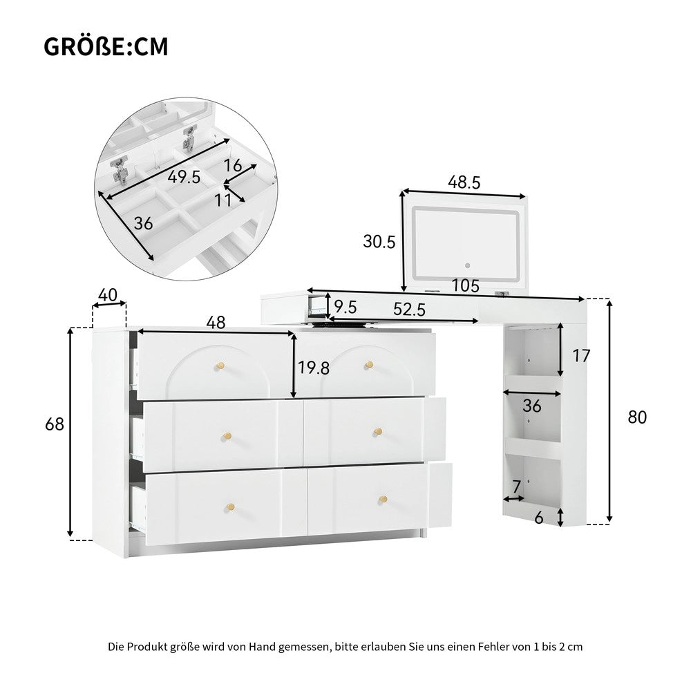 Scrivania Girevole con Specchio e LED ¨C Xylo ¨C Bianco, 105x40x80 cm