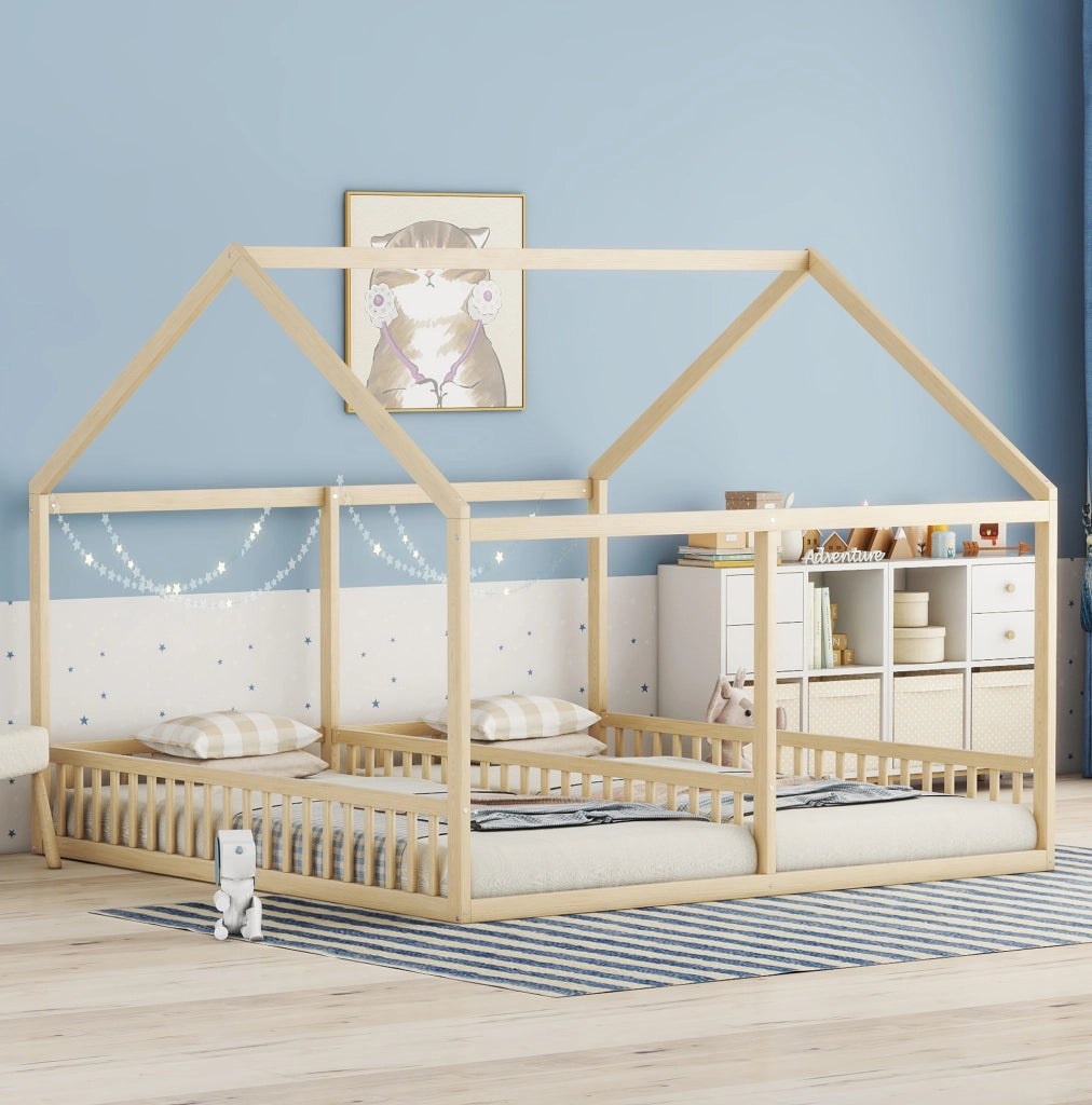 Letto doppio per bambini 2 in 1 90 x 200 cm con sponde e design a casetta