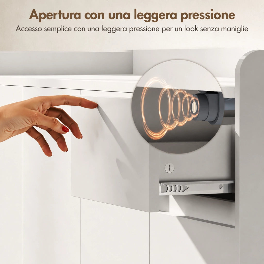 Scarpiera MDF bianca 120×35×100 cm, ante push‑open, ripiani regolabili, cassetto, kit antiribaltamento per ingresso