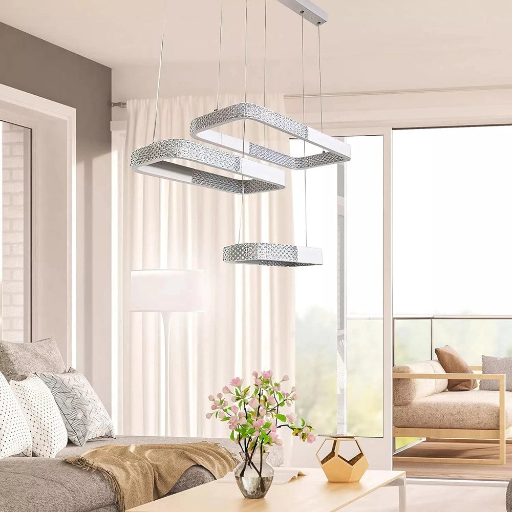 Trade Shop - Lampadario A Sospensione Led 68w 3 Rettangoli Cristallo Telecomando Bianco 32095 -