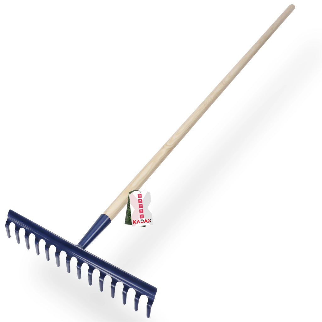 Rastrello da giardino KADAX con manico in legno, lunghezza 150 cm, denti in acciaio temprato, 14 denti.