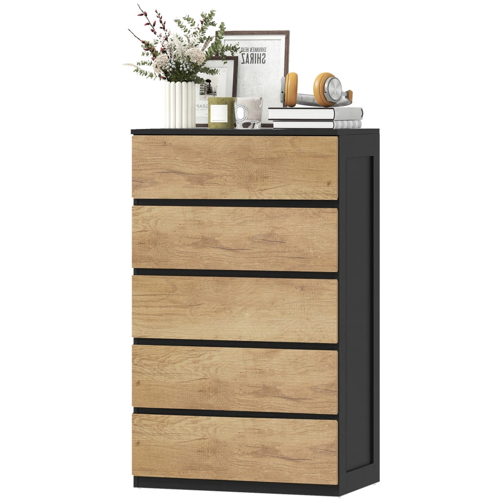Cassettiera 5 Cassetti 60x39x100 cm con Guide in Metallo e Maniglie Scanalate in Legno Nero e Rovere