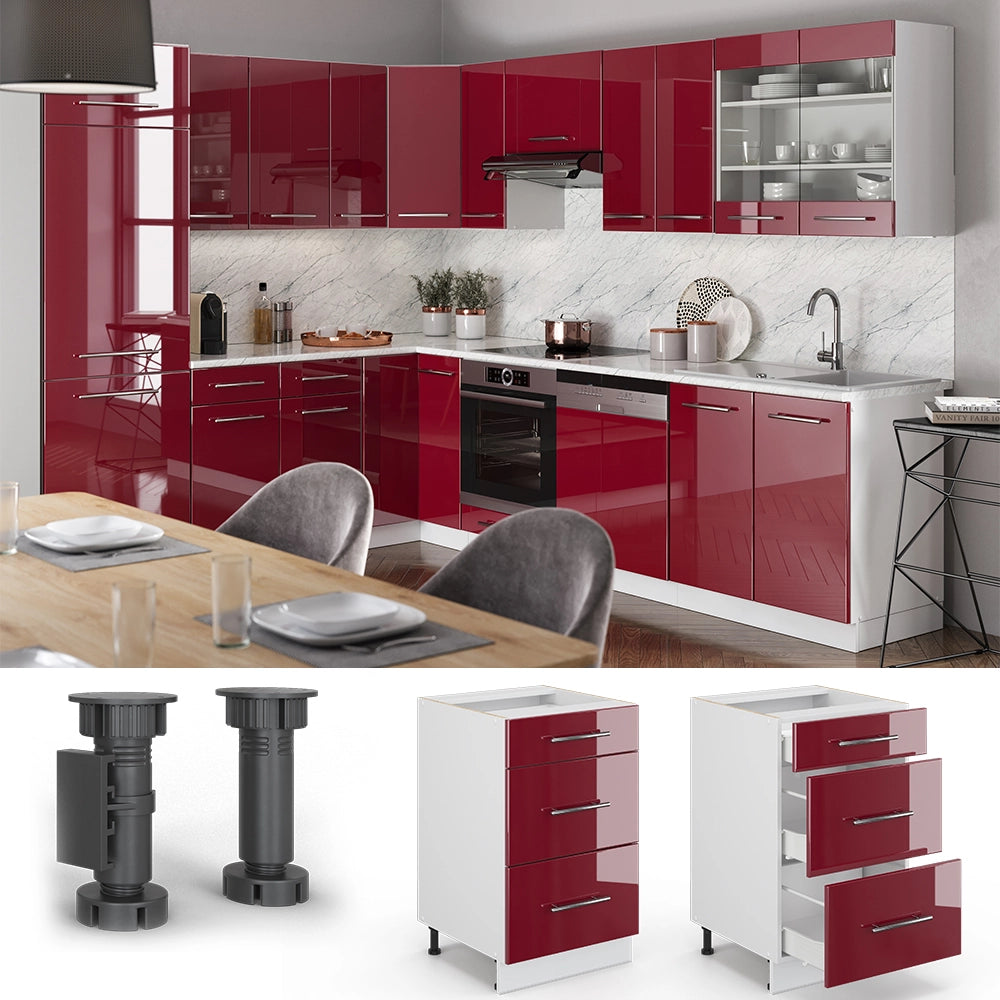 Vicco Mobiletto base per cucina Rosso bordeaux lucido 50 cm senza piano di lavoro