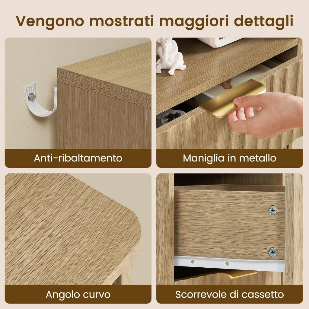 Tavolino da Letto Scanalato, Comodino con Prese USB e Tipo C, Illuminazione LED, 2 Cassetti e Scomparto Aperto, per Camera da Letto e Soggiorno, Legno Naturale