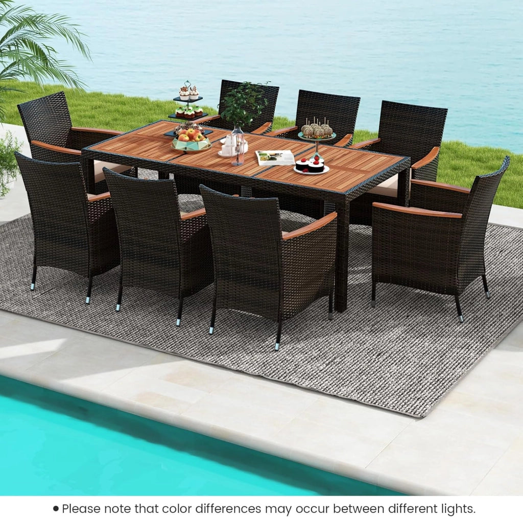 Tavolo e Sedie da Pranzo in PE Rattan, Set di Mobili in Rattan, Set di Mobili Composto da 9 Pezzi, con 8 Sedie e 1 Tavolo, Piano del Tavolo in Acacia, per Interno e Esterno