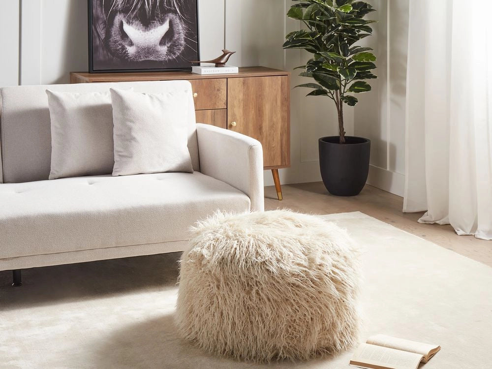 Pouf beige chiaro EPS perline riempimento pelliccia sintetica modello solido quadrato Boho moderno tessuto poggiapiedi