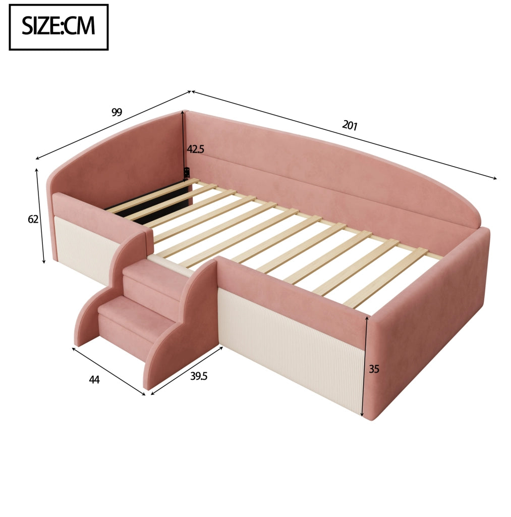 Letto imbottito per bambini 90x190 cm in velluto rosa e bianco; con scaletta e sponde