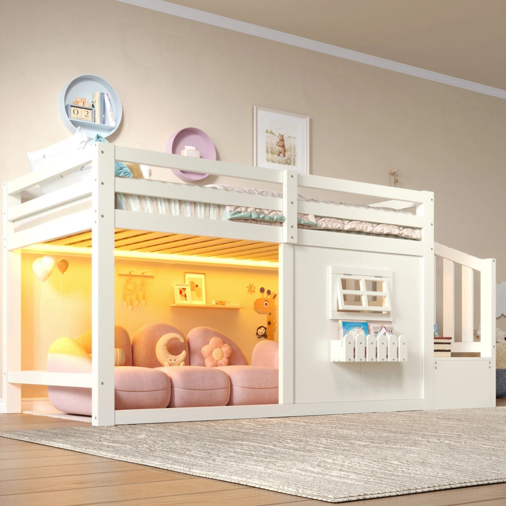 Letto a soppalco 90 x 200 cm con scala contenitore; LED e finestra; pino e MDF bianco