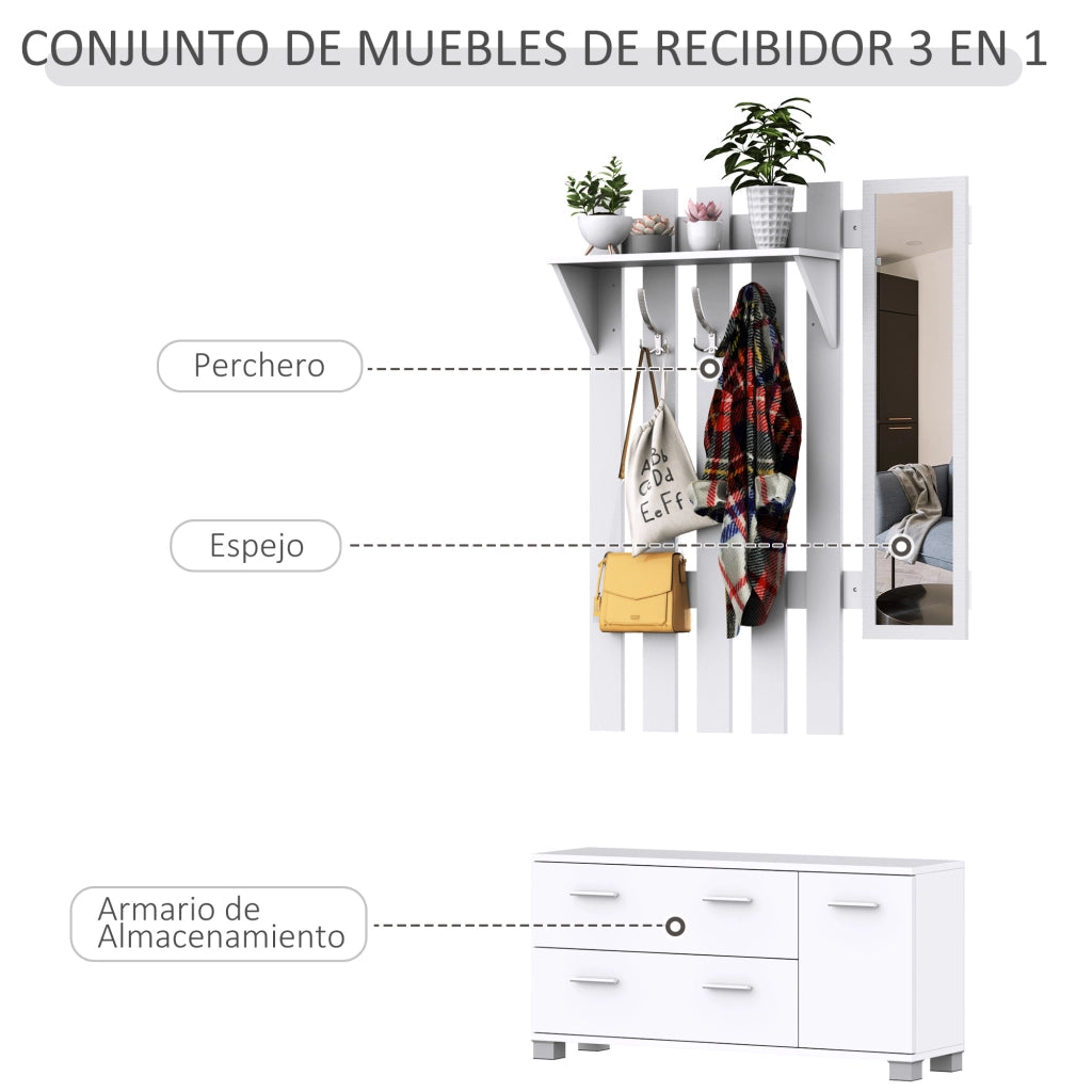 Mobile da Ingresso con Specchio e Appendiabiti ¨C Xylo ¨C Bianco con 3 Ganci 2 Cassetti