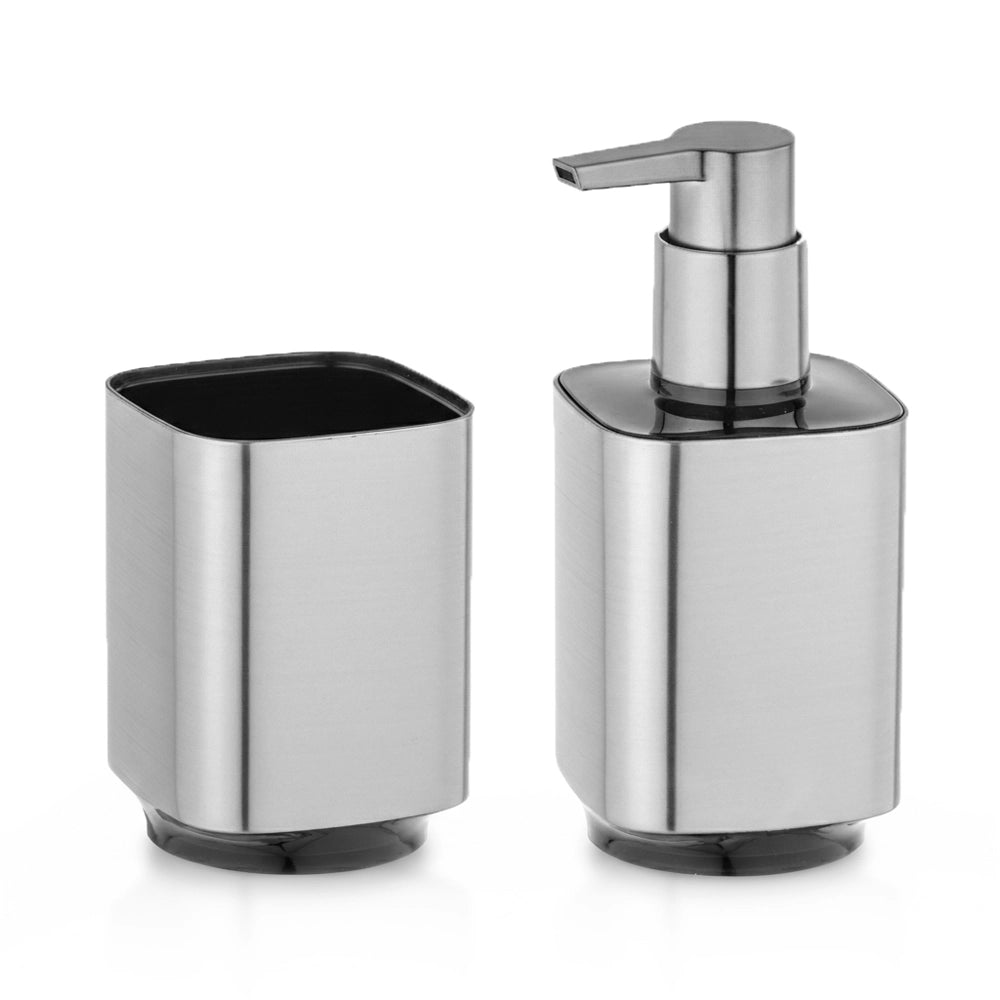 Set accessori bagno con dispenser e porta spazzolino color argento satinato e nero Lumina