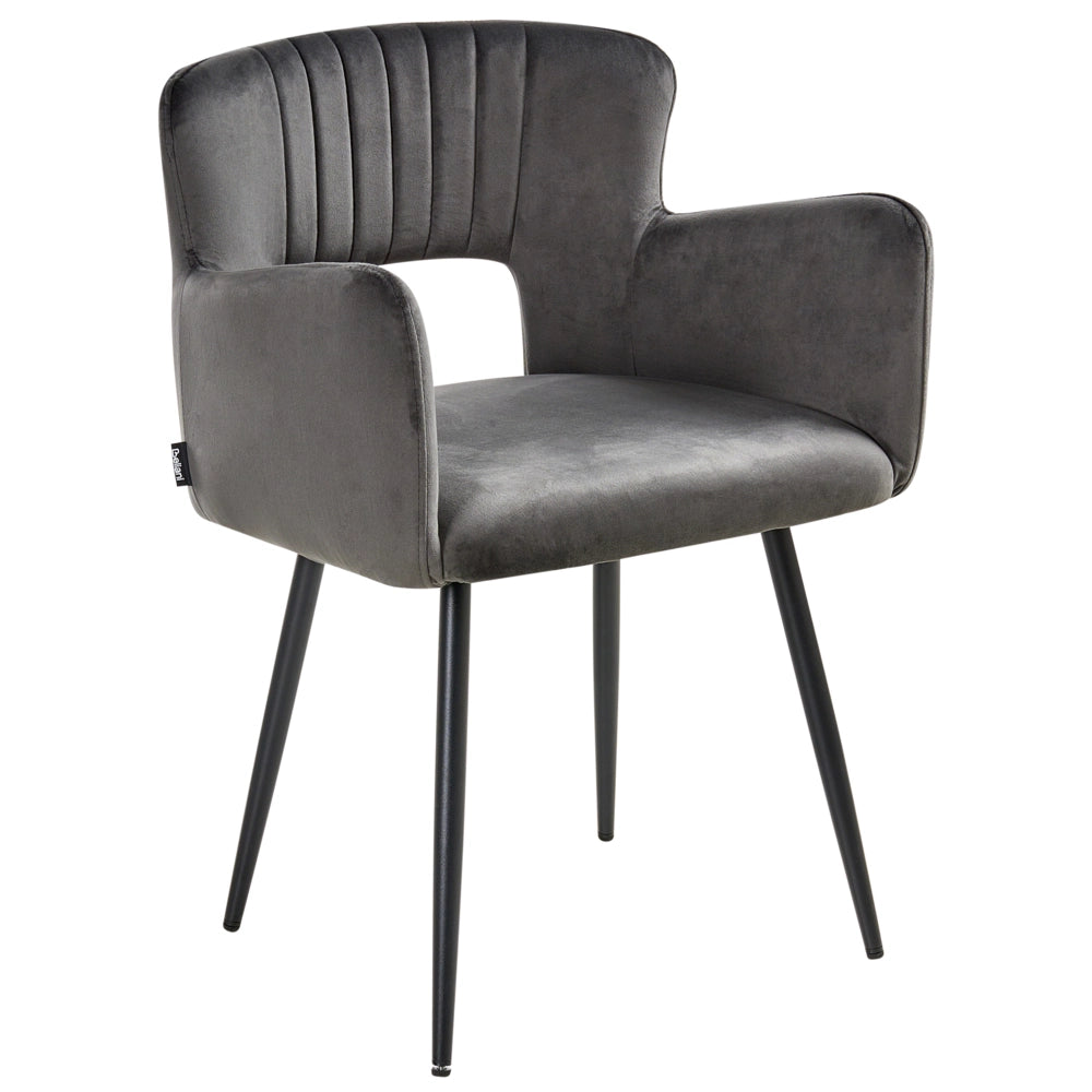 Set di 2 sedie da pranzo velluto grigio scuro braccioli schienale intagliato gambe in metallo moderna industriale