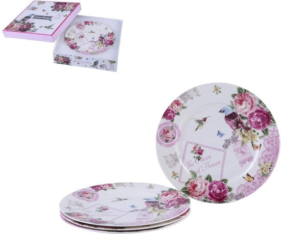 Piatti Lato Laterale Boutique in Porcella con Bordo Largo, Stile Shabby Chic, Uccello, Rosa, Farfalla, Set da 4
