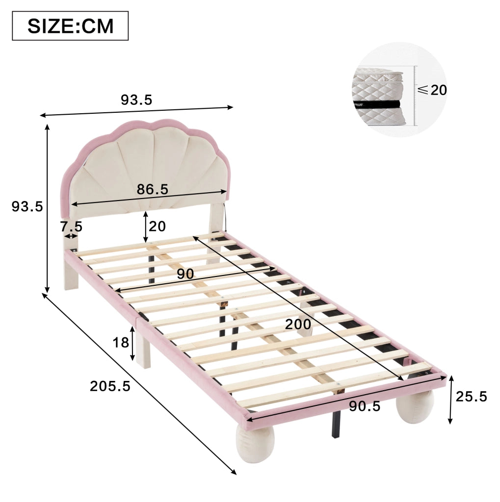 Letto singolo imbottito per bambini LED beige e rosa 90x200 cm