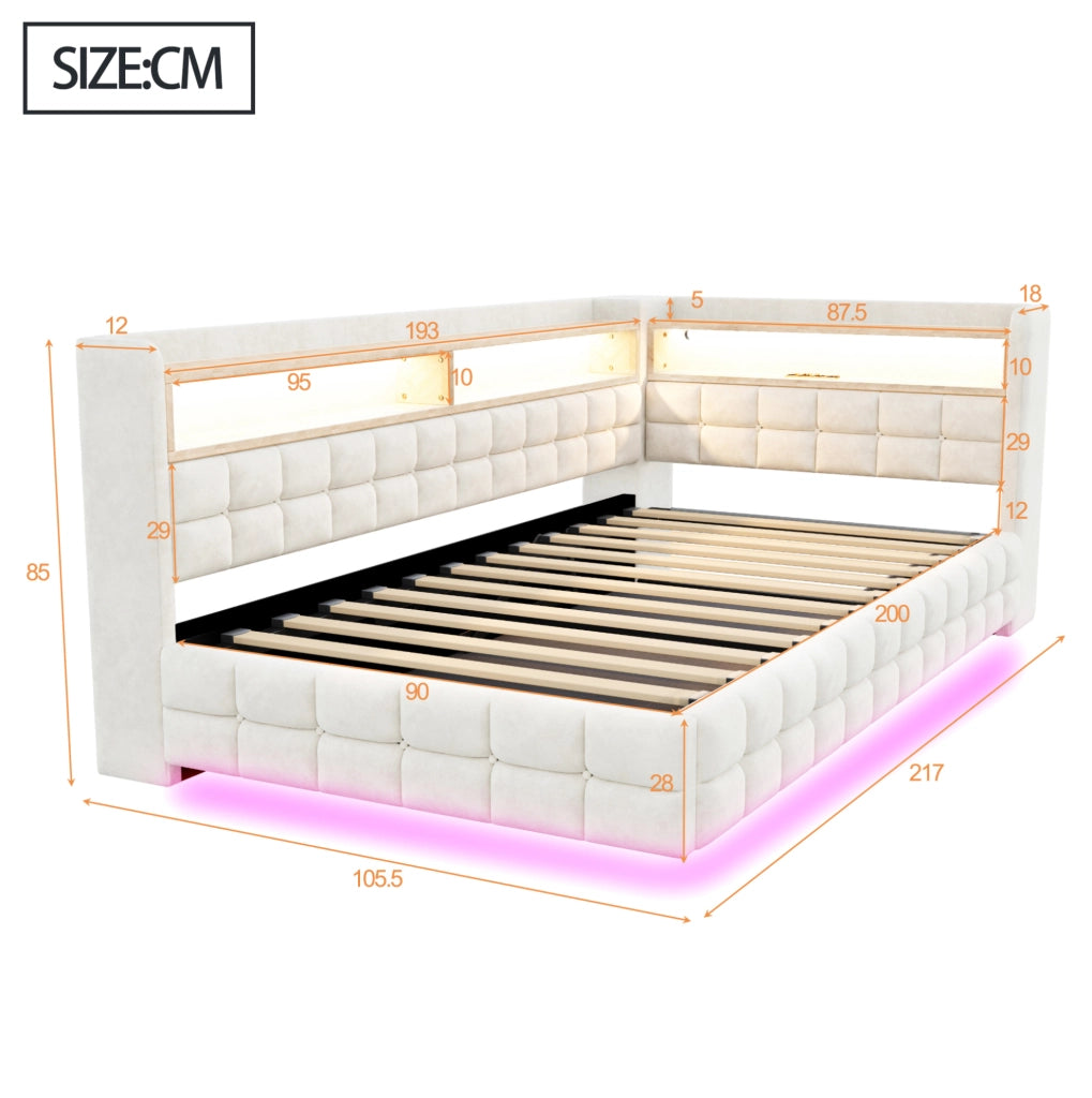 Divano letto imbottito 90x200 cm con contenitore idraulico; ripiani; LED; prese USB e Type-C; beige