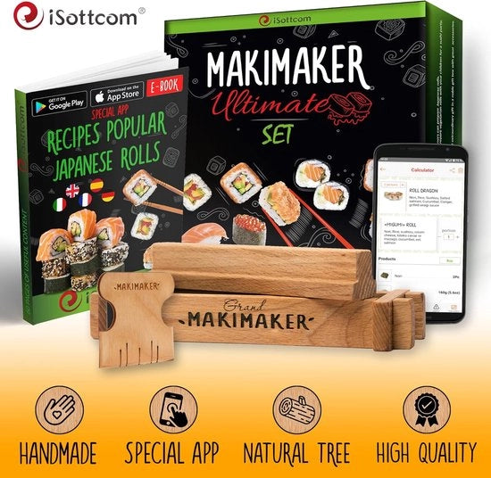 Impastatrice Sushi Completa, Set di Preparazione Sushi Giapponese, Salsa di Soia per Dipingere, Spiedini con Osservatorio, Rotolo, Applicazione Mobili, Manuale, Struttura in Legno, Confezione Regalo Inclusa