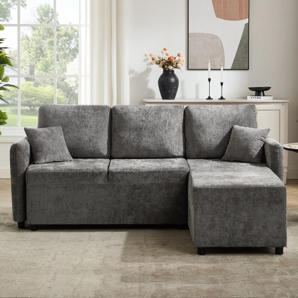 DIVANO ANGOLARE 3 POSTI L-FORMA Chenille Grigio con 2 cuscini