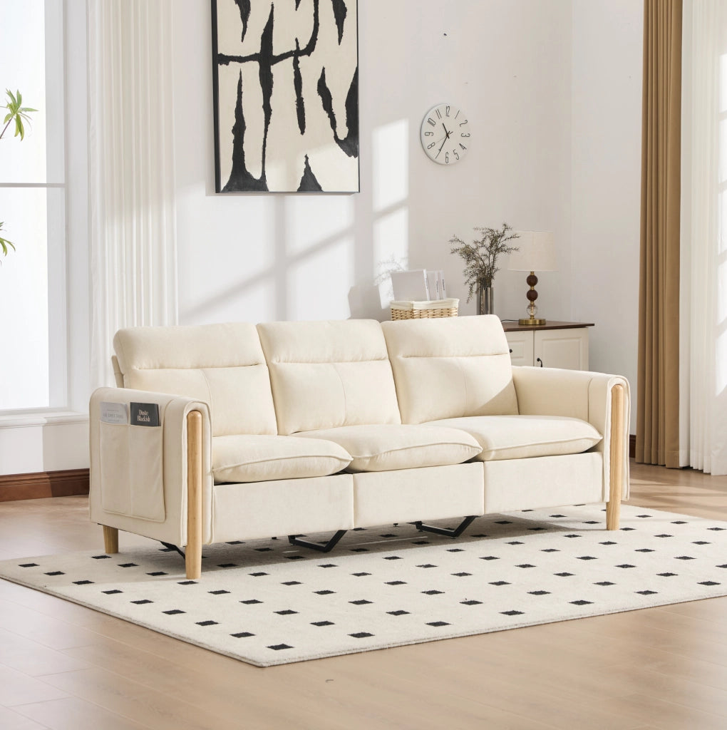 Divano modulare a L 3 posti con pouf contenitore; ciniglia beige e chaise longue reversibile