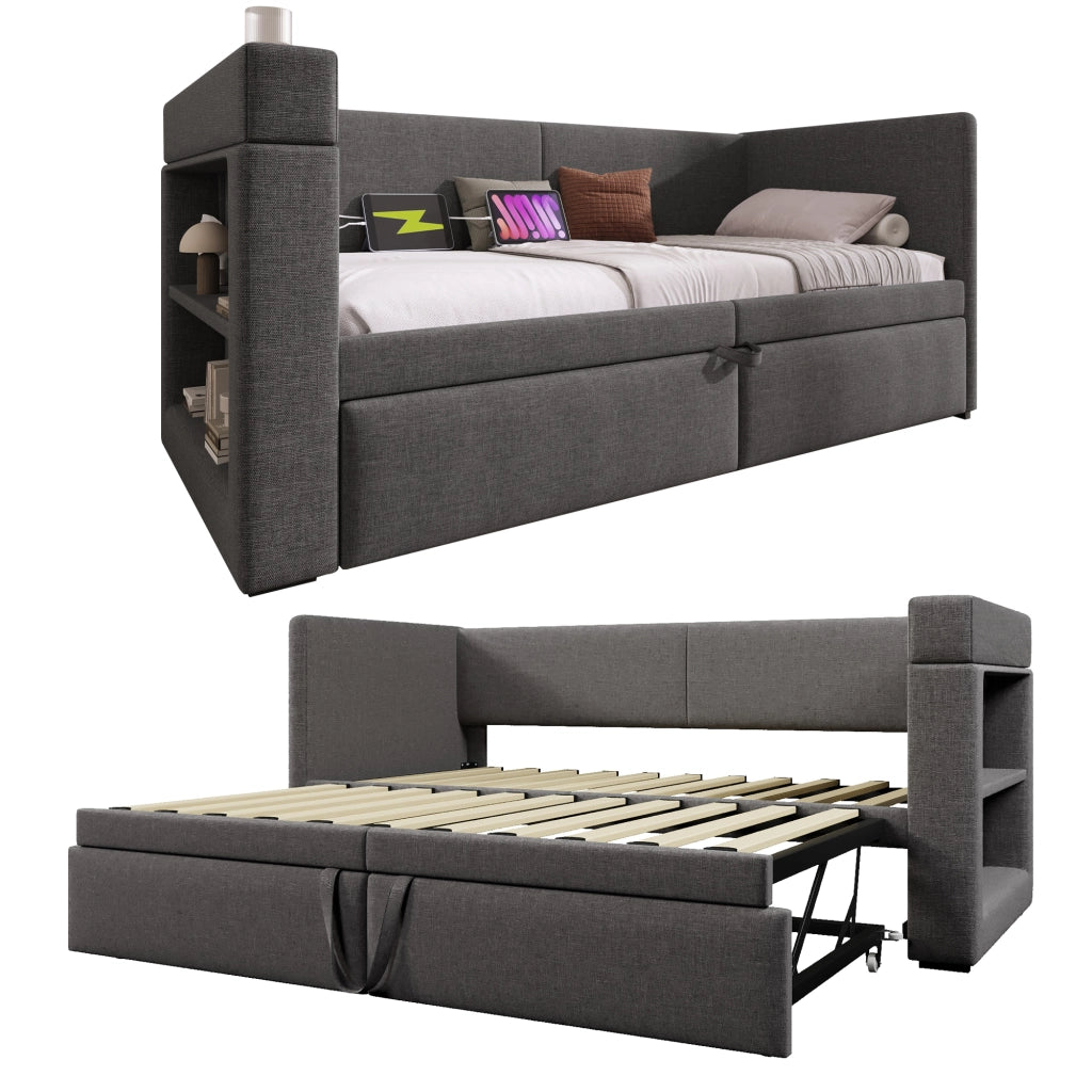 Daybed singolo – 90x200 cm – estraibile USBC portabicchieri – lino grigio