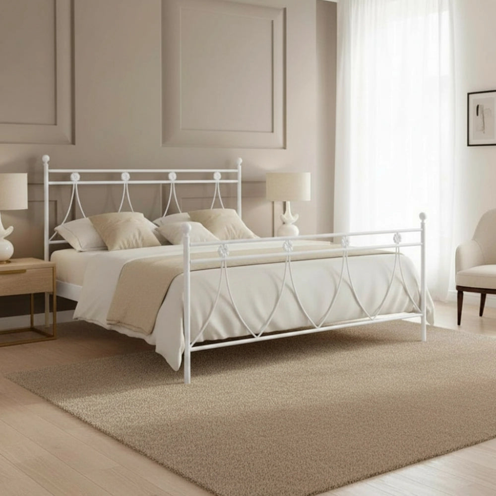 Letto in ferro matrimoniale Melissa con decoro floreale bianco opaco 170x200 cm.
