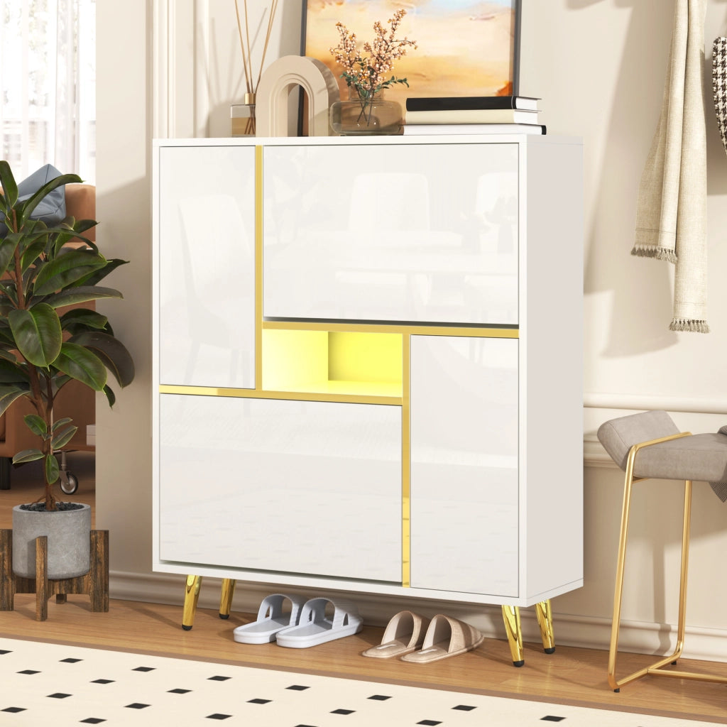 OKWISH Scarpiera con 2 Ante e Ripiani Regolabili, LED a 16 Colori, per Ingresso, in Pannello di Particelle, 80 x 25 x 96 cm