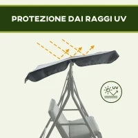 Dondolo 3 Posti con Tettuccio Regolabile e Cuscini, in Acciaio e Poliestere, 172x110x153 cm, Grigio