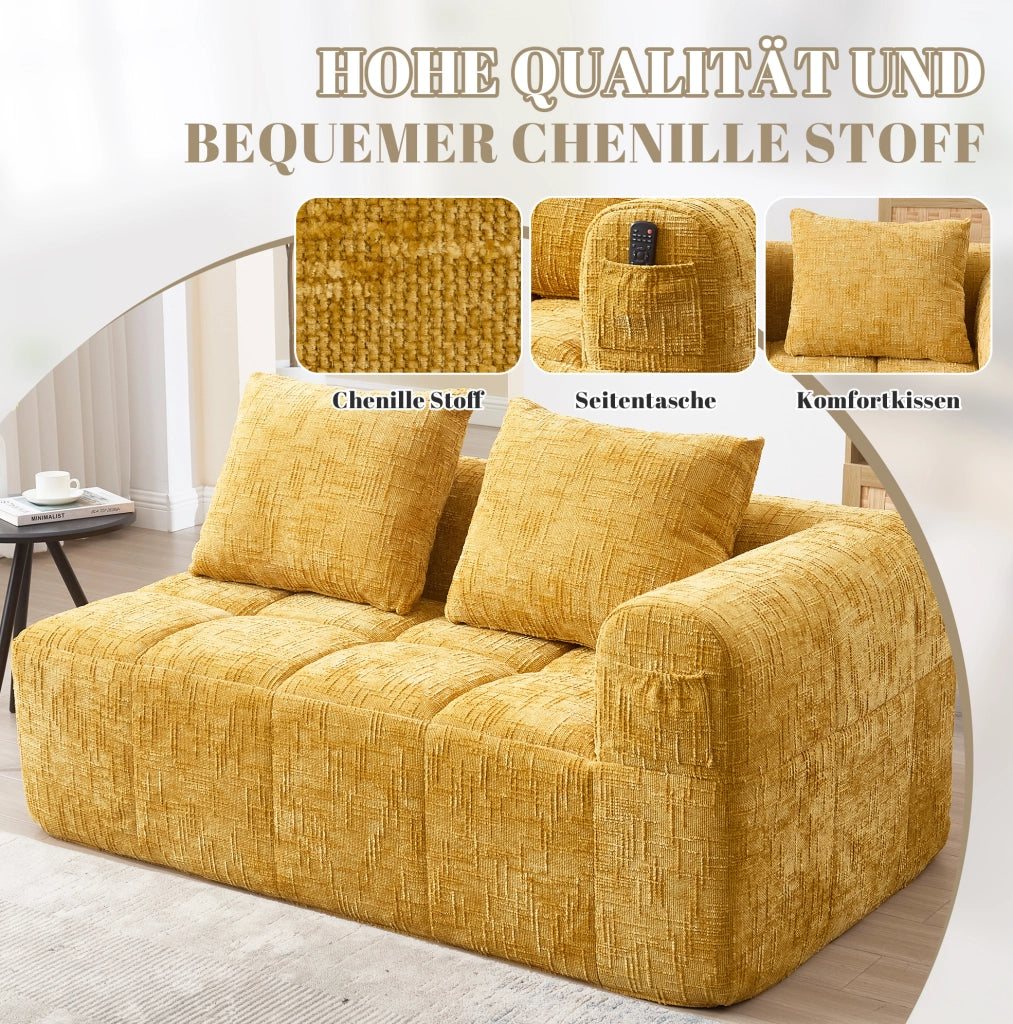 Divano 2 posti in tessuto chenille giallo con chaise longue, cuscino incluso e tasche laterali