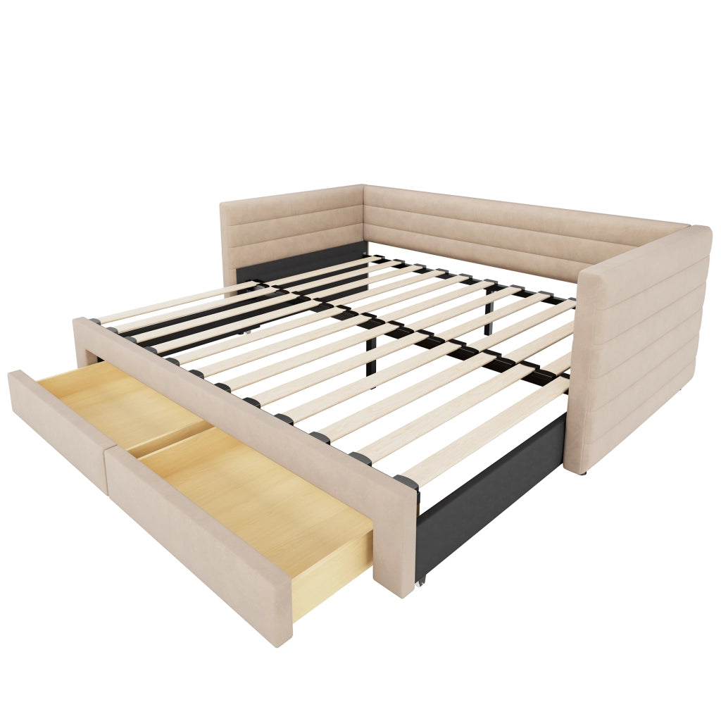Divano letto estraibile con 2 cassetti e funzione letto in cotone e lino beige 90 × 190 cm