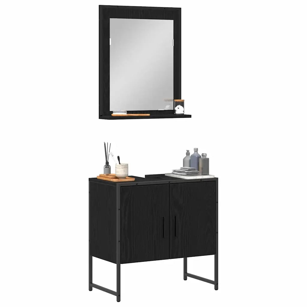 Set di mobili per il Bagno | Armadio da bagno 2 pz Nero Legno multistrato