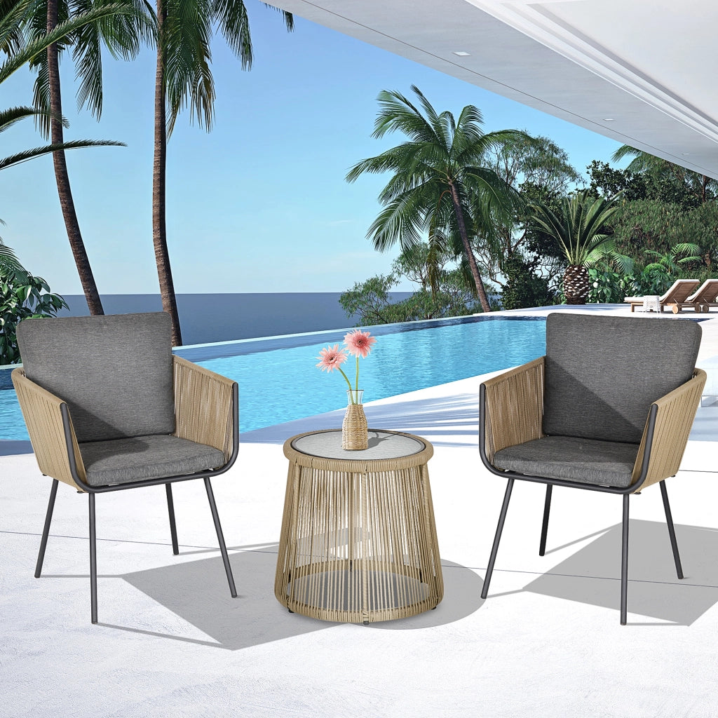 Set tavolo da pranzo con 2 sedie ¨C zephmum ¨C grigio, effetto rattan, vetro temperato