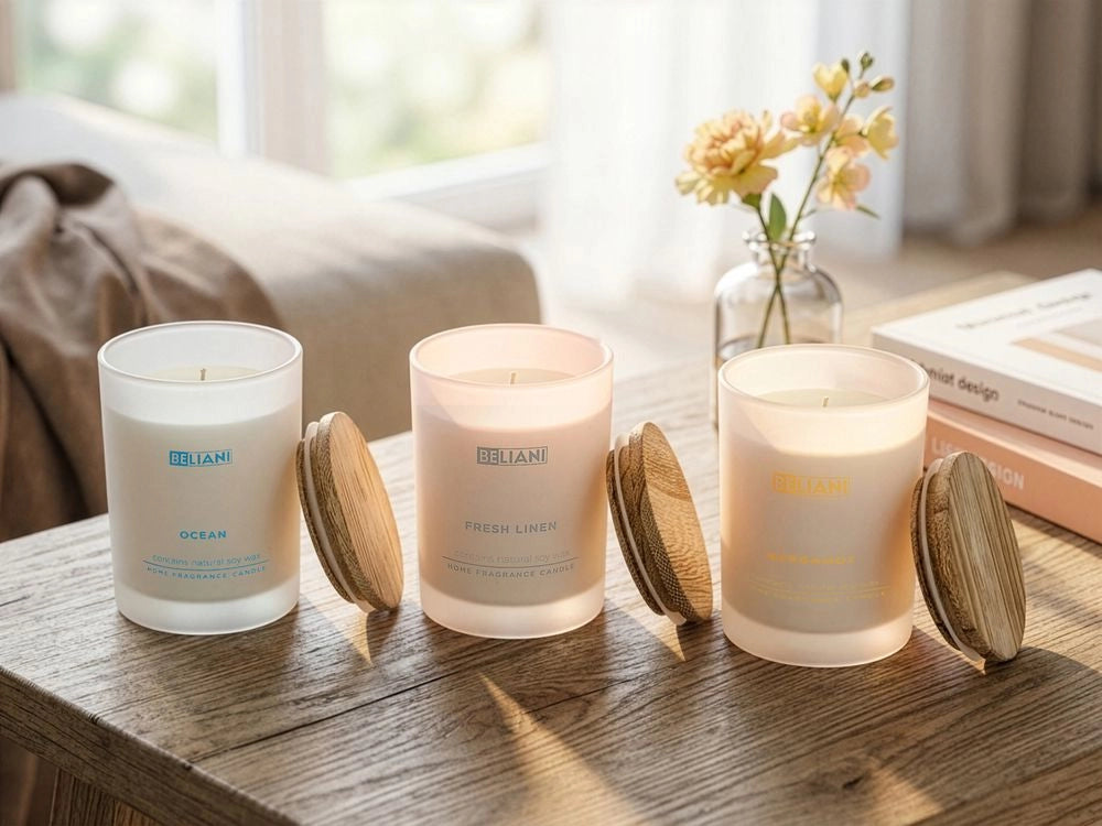 Set di 3 candele profumate multicolore 100% cera di soia stoppino di cotone vetro bianco fragranza Oceano/Bergamotto/Lino fresco