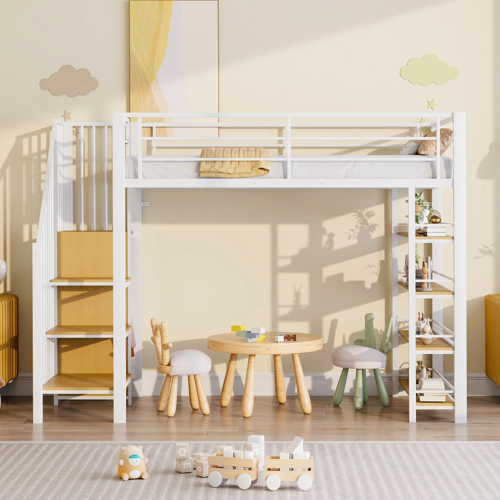 OKWISH Letto a Soppalco 90×200 cm, Letto Singolo con Scala Contenitore, Armadio e Mensole, senza Materasso, in Metallo, Bianco