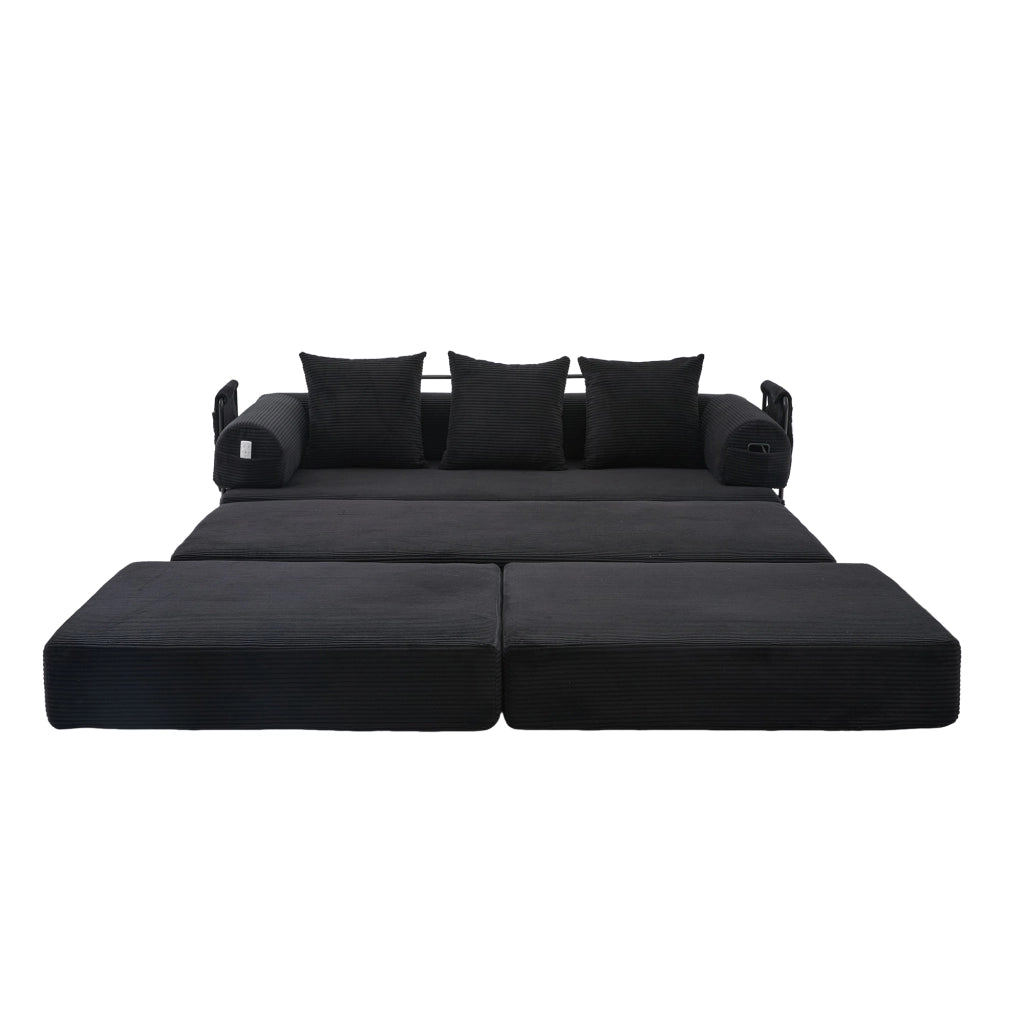 Divano modulare 200x190x67 cm con pouf e tasca laterale; velluto a coste nero