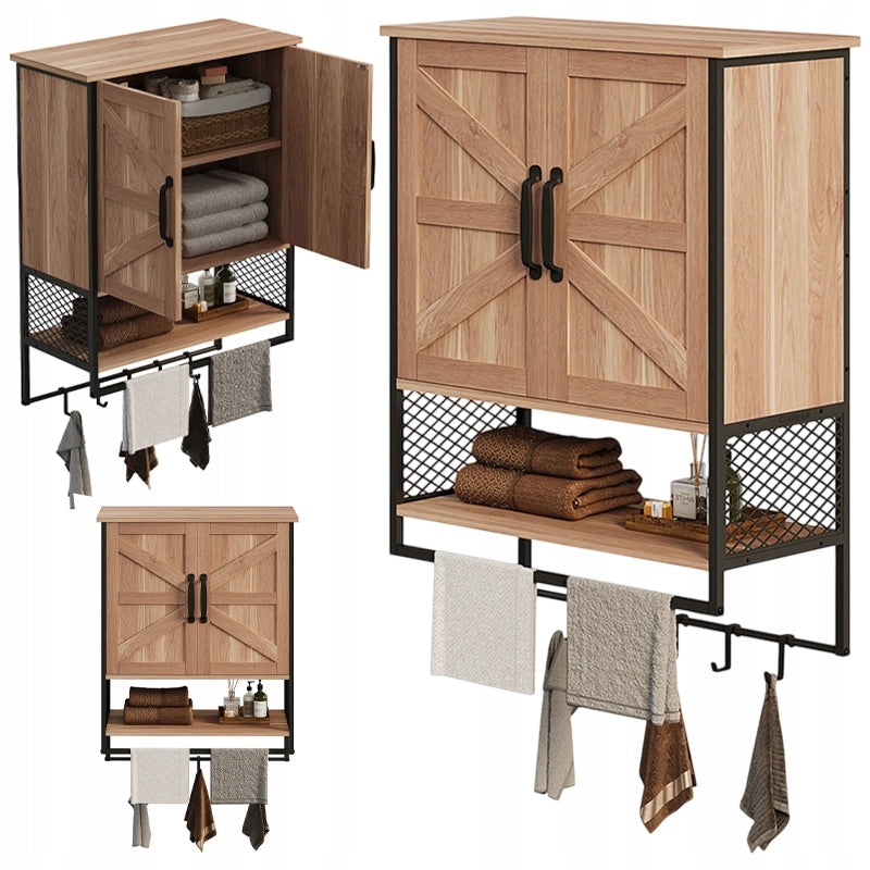 Mobiletto da bagno a parete in stile loft rustico con appendiabiti, marrone chiaro