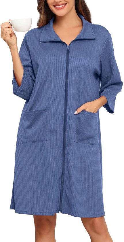 Badjas per donna con zip, maniche 3/4, wafelgebreide, camicia da camera leggera, lunghezza ginocchia con tasche, blu, L