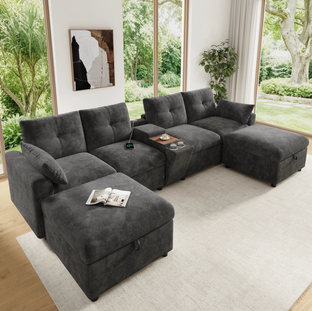 Divano angolare modulare 6 posti in chenille grigio con console centrale; USB e Type-C
