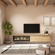 Mobile TV Soggiorno, 237x35x45cm, TV di grande formato, Camino elettrico XXL, da appendere, colore Rovere RF3591