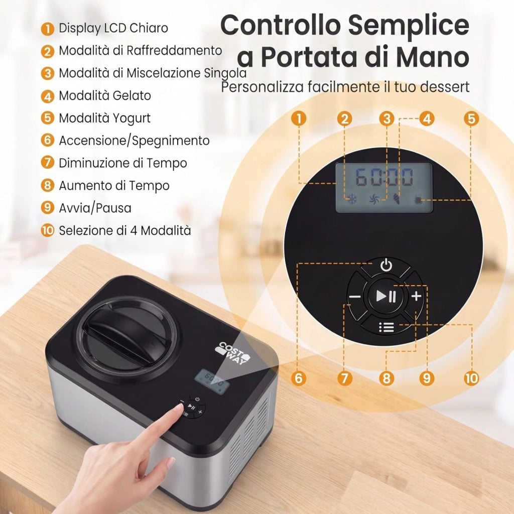 Gelatiera con Compressore 1,5 L, Macchina del Gelato con 4 Modalità, Display LED, Timer 24 Ore e Ciotola Rimovibile, Gelatiera Autorefrigerante in Acciaio Inox per Gelato, Yogurt e Sorbetto