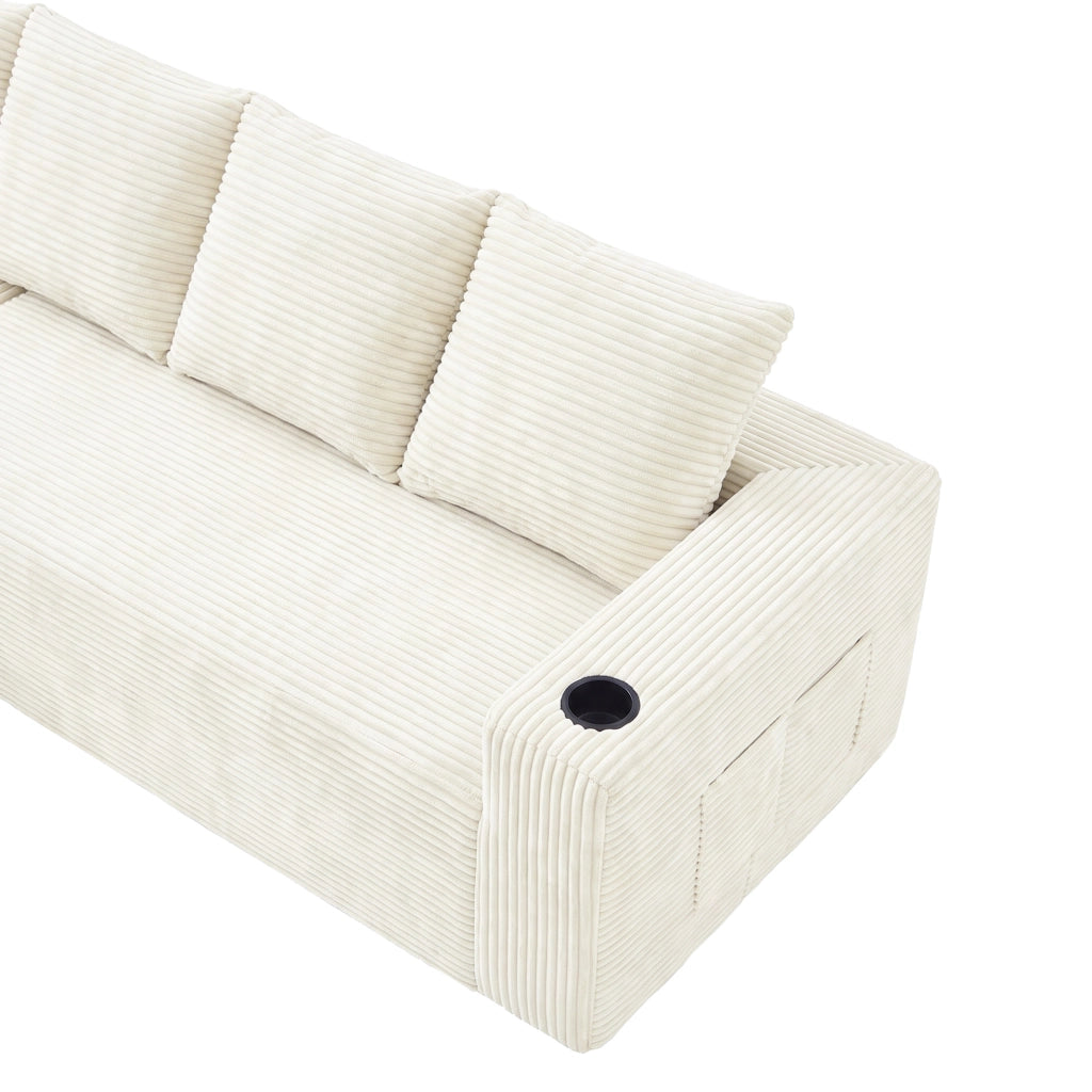 Divano modulare a L con chaise longue; portabicchieri e tasche; velluto a coste beige