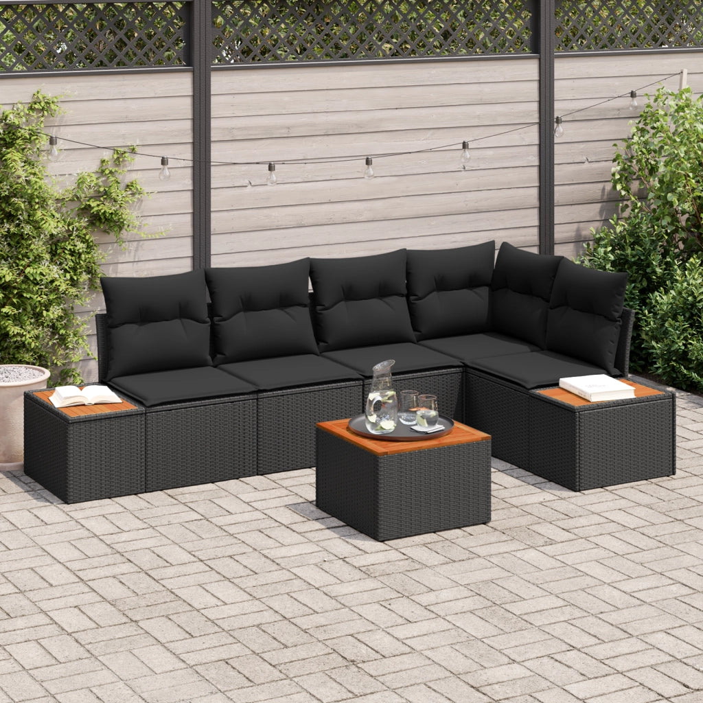 Set Divano da Giardino con Cuscini da 6 Pezzi Nero Polyrattan Acacia