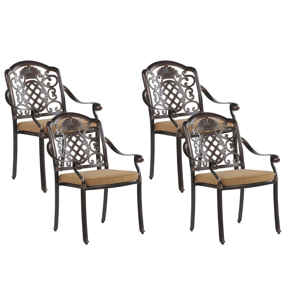 Set da pranzo da giardino Tavolo da esterno in alluminio marrone 4 sedie e ombrellone Cuscini di seduta in stile retrò