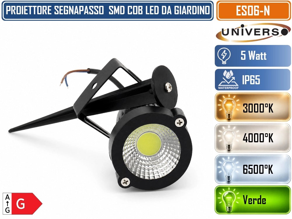 UNIVERSO ES06-N LAMPADA DA GIARDINO LED COB 5W CON PICCHETTO ORIENTABILE 360° IP65 660LM FASCIO 60° IN ALLUMINIO E VETRO – 3000K, 4000K, 6500K, VERDE - Colore Luce:Verde